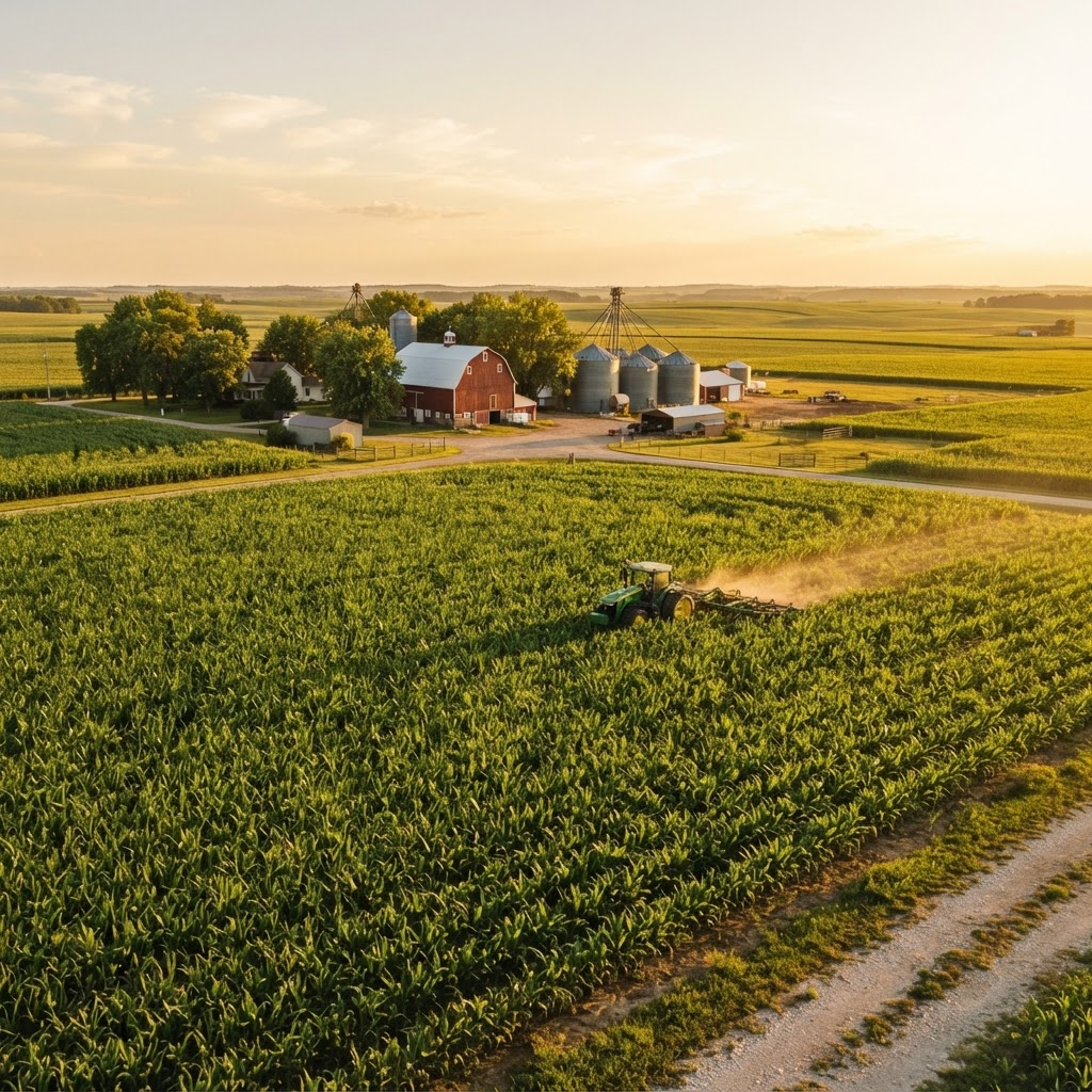 Corn fields, red barn, and grain silos on a family farm at golden hour