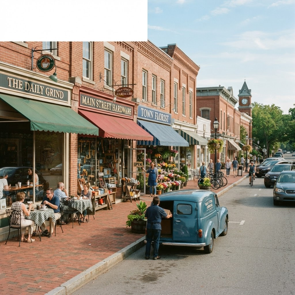 Small business storefronts on a main street with a cafe, hardware store, and florist