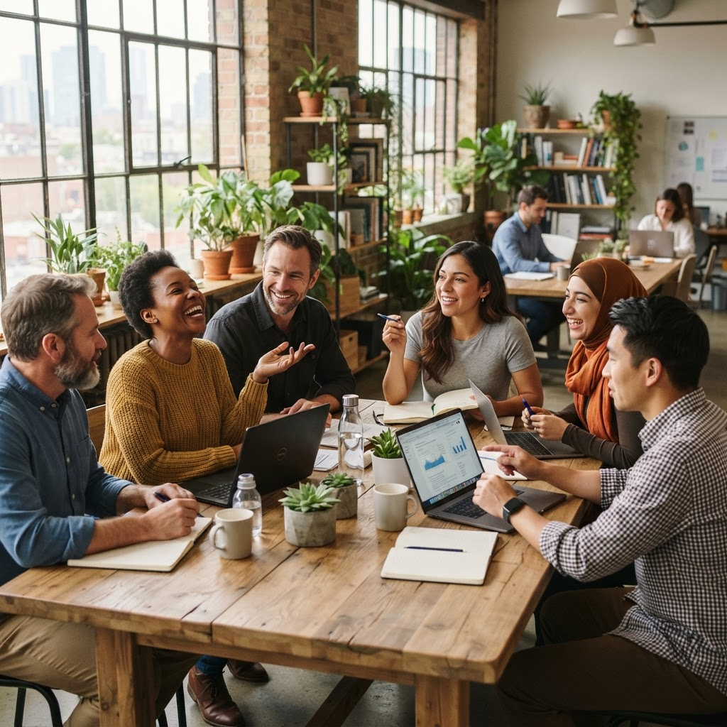 A small company team collaborating together in a bright, modern office