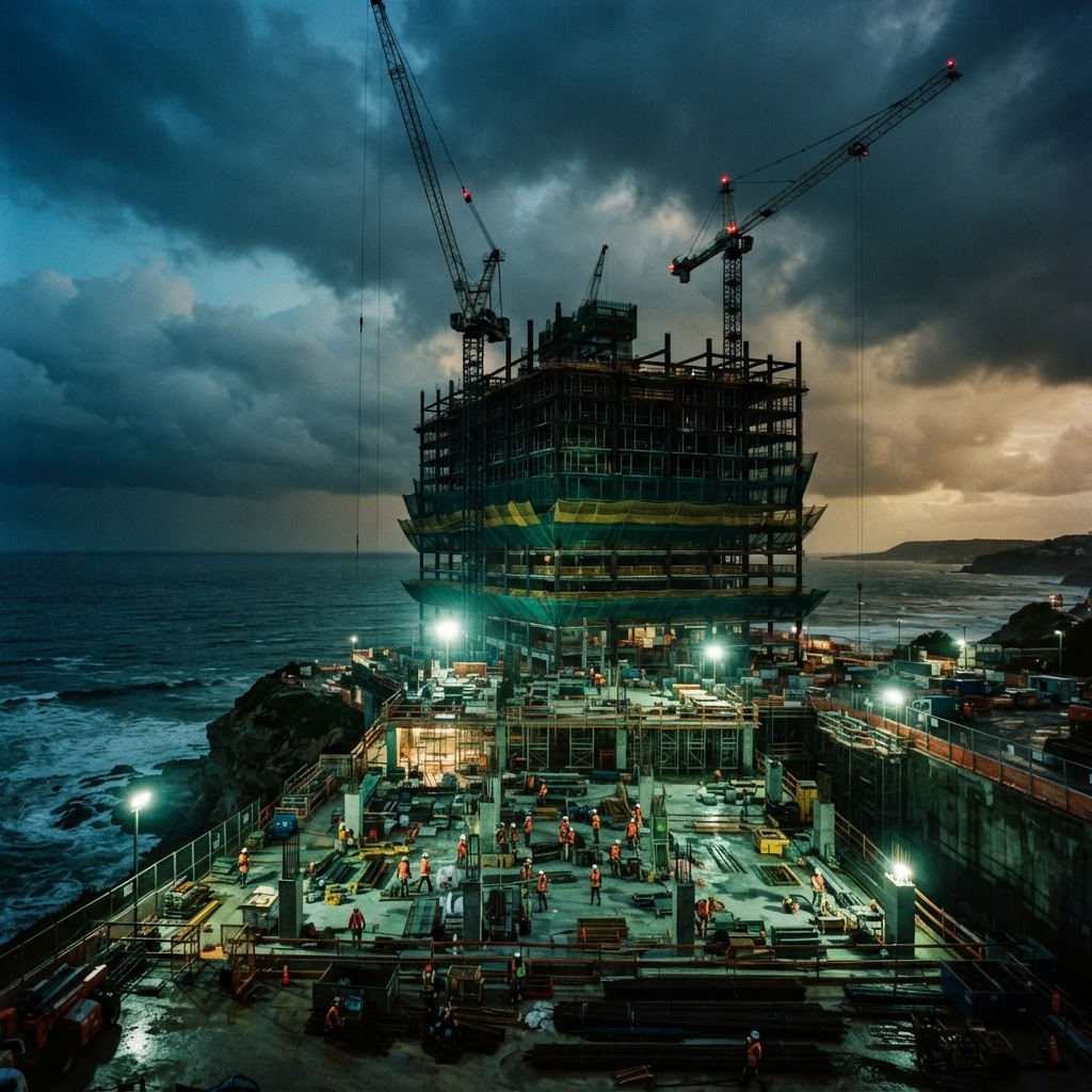 A coastal high-rise construction site at dusk with tower cranes under gathering storm clouds