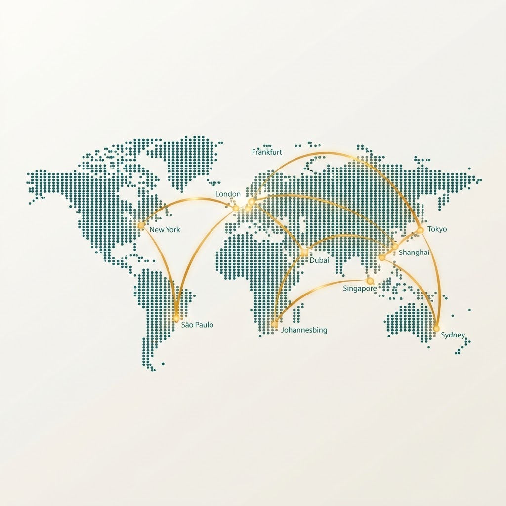 Dotted world map with connection arcs linking partner hubs across continents
