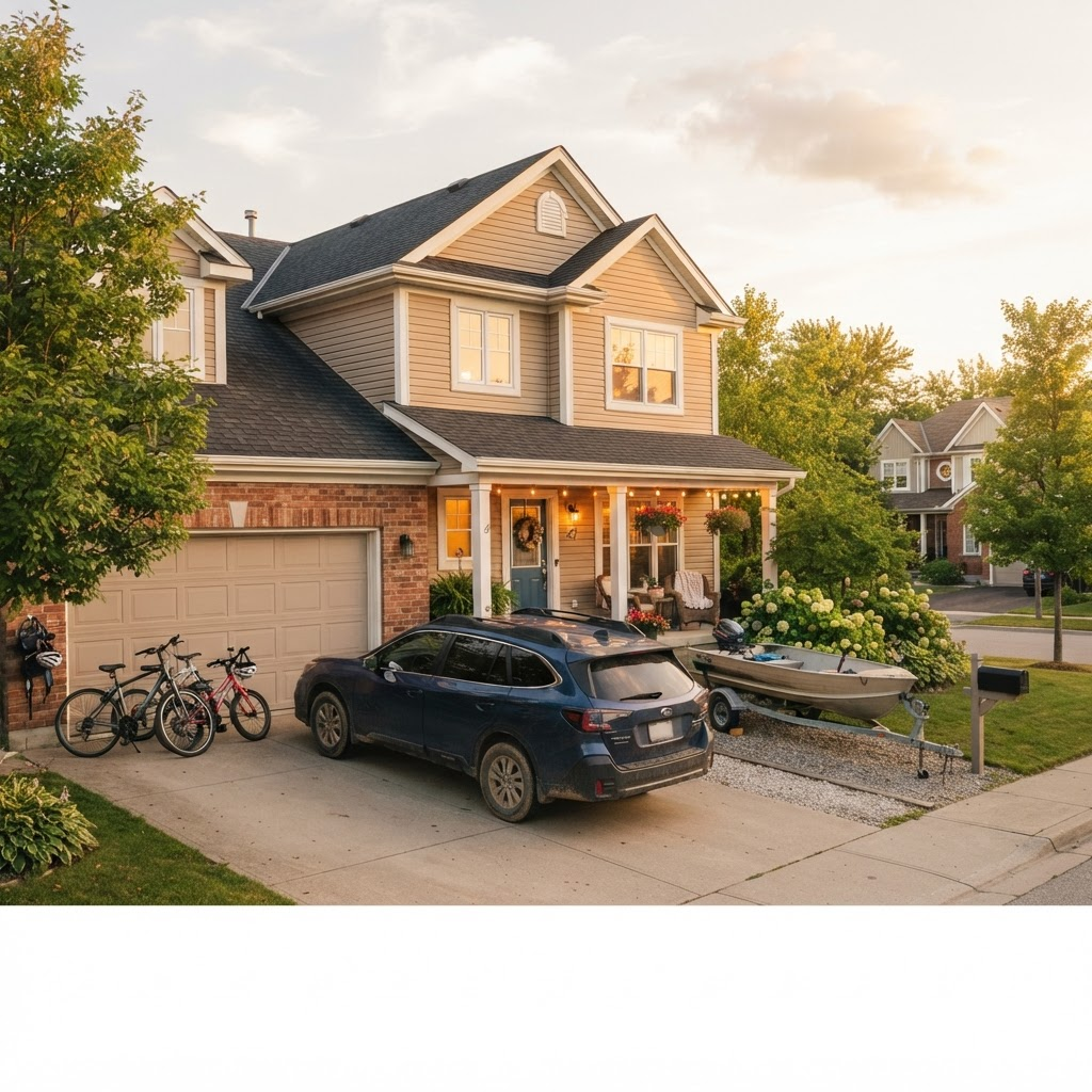 A family home at golden hour with an SUV in the driveway, bicycles by the garage, and a boat on a trailer